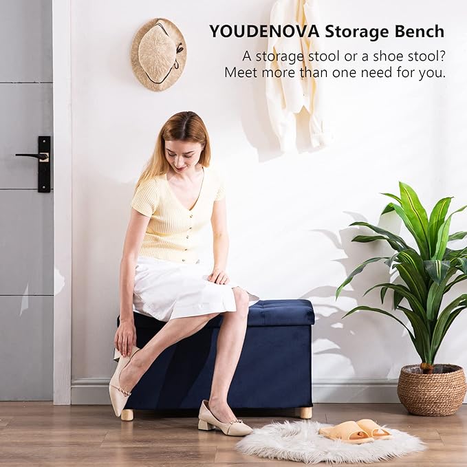30 Inches Folding Storage Ottoman Bench, Velvet Storage Chest, Footrest Couch with Wooden Legs, Support 350lbs for Bedroom, Living Room, Hallway, Navy Blue