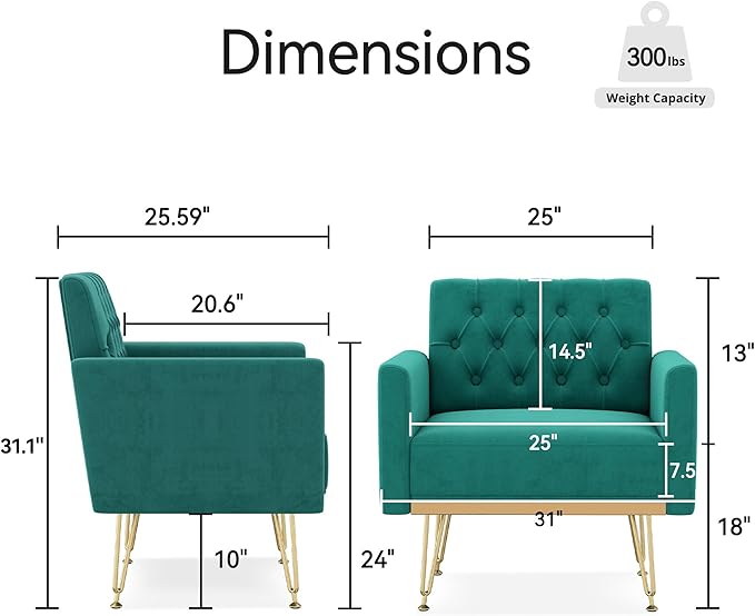 Accent Chair for Living Room, Comfy Oversized Velvet Upholstered Arm Chairs, Mid Century Modern Reading Single Sofa Side Chair with Tufted Back and Gold Legs for Bedroom (2, Green)