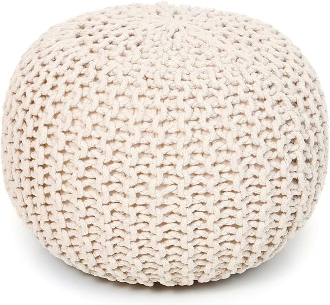 REDEARTH · Round Pouf Ottoman - Cable Knitted Boho Poof - Home Décor Cord Pouffe Handmade Circular Footrest for Living Room - Bedroom - Kids Bedroom - 100% Cotton Pouf (19.5"x19.5"x14") - Natural