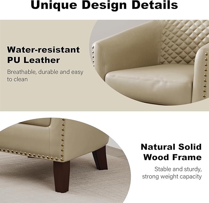 DREAMSIDEA Accent Barrel Chair, Upholstered Faux Leather Club Chair with Nailed Trim, Comfy Reading Armchair for Living Room Bedroom Reception Room Office (Beige, Set of 4)