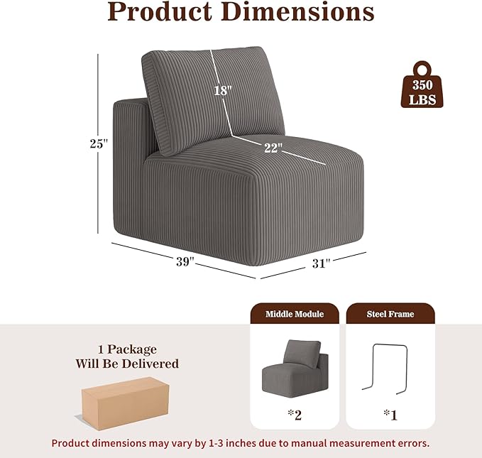 31" Modular Middle Seat Cloud Couch Extension, Armless Memory Foam Boneless Chair, Cozy Upholstered Corduroy Frameless Single Seat, No Assembly Required Accent Chair for Living Room Home Decor, Grey