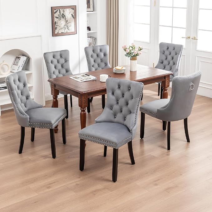 Kiztir Velvet Dining Chairs Set of 6, Upholstered Dining Room Chairs with Ring Pull Trim and Button Back, Luxury Tufted Dining Chairs for Living Room, Bedroom, Kitchen (Grey)