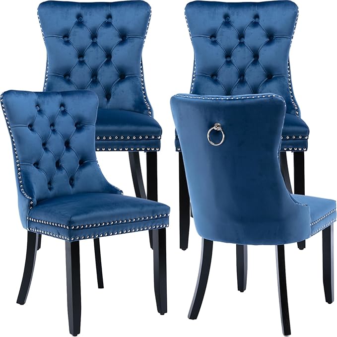 YeahFurn Blue Mid Century Modern Dining Chairs Set of 4, Velvet Upholstered Kitchen & Dining Room Chairs with Nailhead Trim & Solid Wood Legs, Elegant Sillas De Comedor (Blue, 4 Pcs)