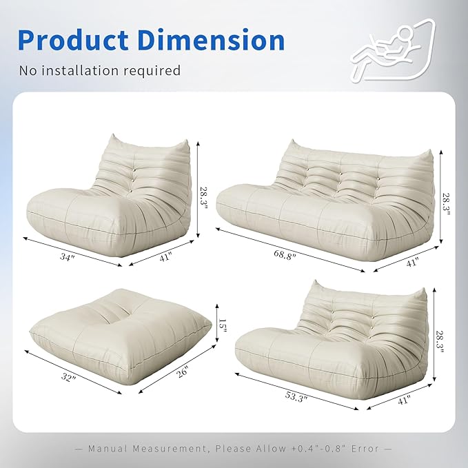 Foam Bean Bag Chairs for Adults,Big Faux Leather Bean Bag Lounger Couches, Modern Sofa,Floor Lazy Sponge Couch for Living Room Bedroom Dorm Office,Cream White