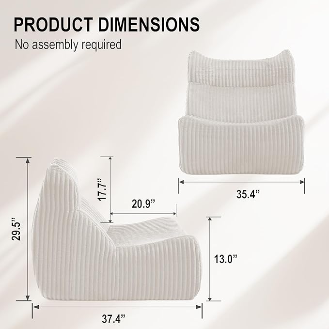 Bean Bag Chairs, Giant Bean Bag Chair for Adults, Memory Foam Lounge Chair, Comfy Lazy Floor Chair, Bean Bag Sofa for Living Room, Bedroom and Office, Single Bean Bag (White)