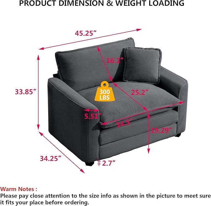 Aoowow Corduroy Large Armchair,Modern Oversized Single Sofa Chairs with Throw Pillow,Deep Single Cloud Sofas Couches for Living Room,Tufted Oversized Accent Arm Chair (Grey, Sofa Chair)