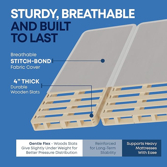 Greaton, Box Spring Bed Base Queen Size, 4-Inch Wood Mattress Foundation – Amish Made in USA – Quiet Noise Free, 2-Pieces Under Mattress-Support BoxSpring, Fully Assembled, White.