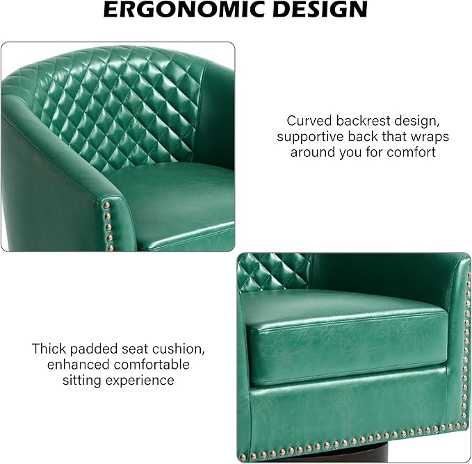 DREAMSIDEA Swivel Barrel Accent Chair, Comfy Modern Upholstered Round Faux Leather Arm Chair for Living Room, Bedroom（Green, Set of 2