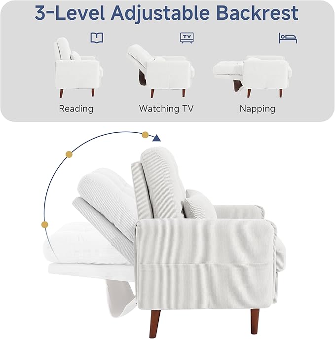Lumibee Accent Chair with Storage Ottoman, Upholstered Comfy Reading Chair with Adjustable Reclining Backrest, Corduroy Fabric Lounge Chair Armchair for Living Room Bedroom, White