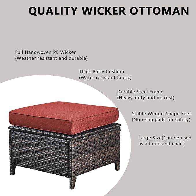 Rilyson Outdoor Patio Wicker Furniture Set - 6 Piece Rattan Patio Conversation Sectional Sofa Set with 1 Couch,2 Armchairs,2 Ottomans and 1 Glass Top Coffee Table for Porch Deck Garden(Brown/Red)