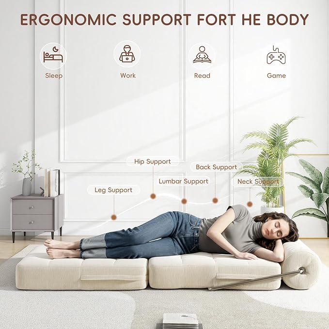 4-in-1 Folding Sofa Bed, Easy Assembly Chenille Boneless Couch, Convertible Sleeper Chair with Back Support, Small Floor Futon Sofa for Living Room & Bedroom, Single(Beige)