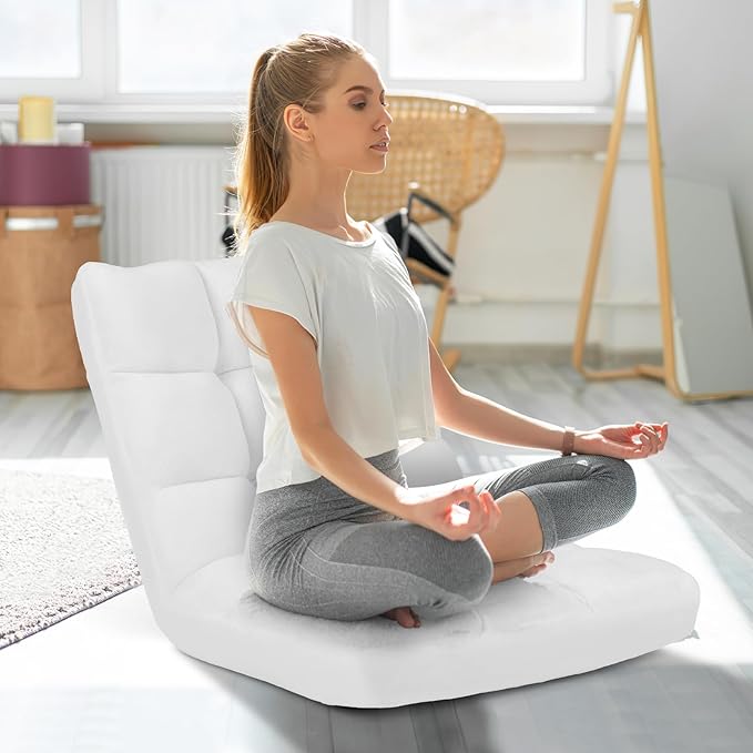 GOFLAME 14-Position Folding Floor Chair, Padded Gaming Lazy Sofa Chair with Adjustable Backrest, Couch Recliner, Sleeper Bed Lounge Chair for Reading, Gaming, Meditating (White)