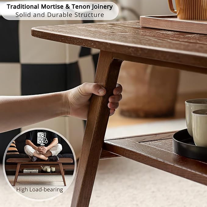 Hymus Solid Wood Coffee Table - 2-Tier Modern Center Table, Living Room Tables with Double Storage for Living Rooms, Bedrooms, and Offices (Walnut, 31.49" D x 19.68" W x 17.32" H)