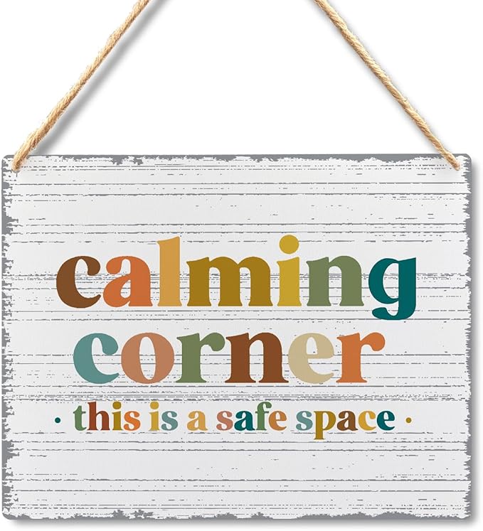 Absnfatu Calming Corner Hanging Wood Sign - Safe Space Classroom, School Counselor's Office, Calm Down Corner Decor - Boho Style, 10x8