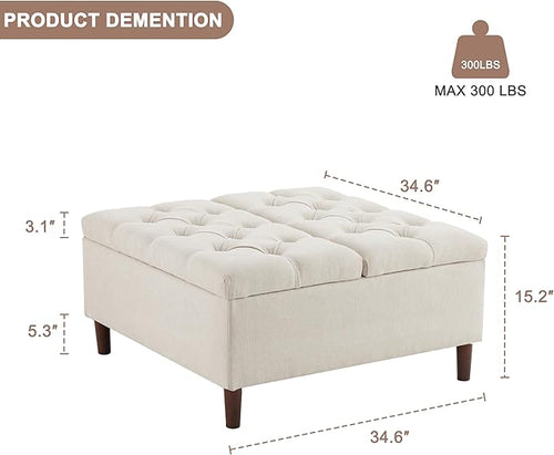 35 Inch Extra Large Storage Ottoman Coffee Table, No Assembly Required, Oversized Square Ottoman with Storage, Tufted Upholstered Ottomans Coffee Table for Living Room (Fabric, Beige)