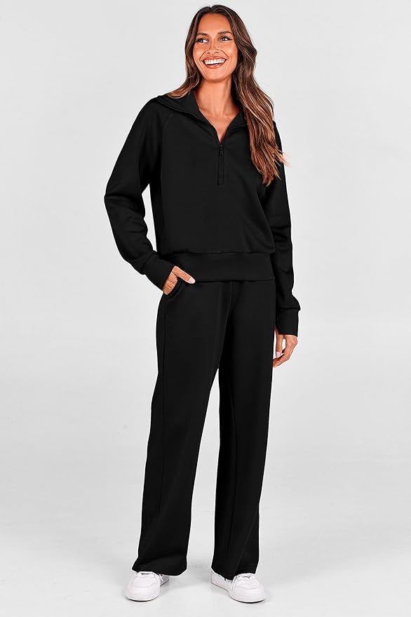 PRETTYGARDEN Women's 2 Piece Outfits Casual Lapel Half Zip Sweatshirts and Wide Leg Pants Tracksuit Sets