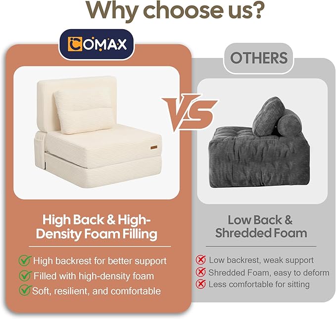 COMAX Folding Sofa Bed, Foldable Couch for Bedroom, Convertible Floor Sleeper Futon Chair Foam, Corduroy 3 in 1 Fold Out Chair Portable Comfy Lounge Couch Sofa Bed for Small Space, Single, Beige