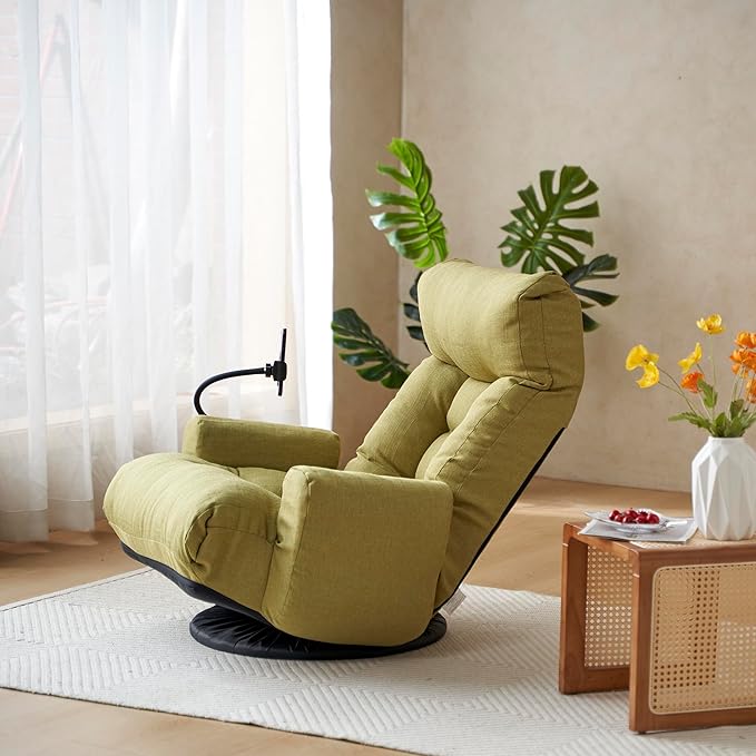 Lounge Sofa Chair with Side Pocket Armrests & Phone Holder. Gaming Chair for TV, Reading,Video,Games.Indoor Floor Chaise in Livingroom, Bedroom.Adjustable Foldable Backres&360° Swivel (Green1)