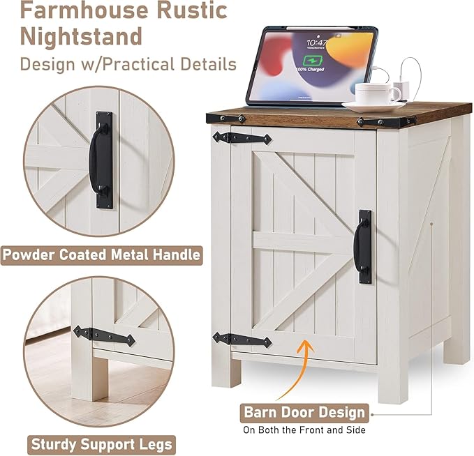 OKD Farmhouse Nightstand Set of 2 with Charging Station, 18 Inch Rustic End Table with Barn Door Cabinet, Adjustable Storage Shelf, Wood Sofa Side Table for Living Room, Bedroom, Antique White