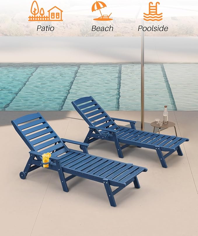 HDPE Patio Chaise Lounge Chair, 78.4'' Adjustable Outdoor Lounger with Wheels & Cup Holder, 5 Positions Poly Lounge Chairs, HDPE Outdoor Patio Lounge Chair for Outside, Deck, Beach, Navy