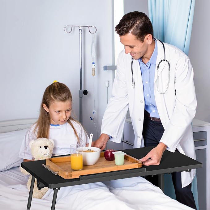 Adjustable Overbed Bedside Table, Hospital Bed Table with Wheels, Portable Rolling Desk, Mobile Small Standing Desk, Rolling Laptop Stand, Computer Cart