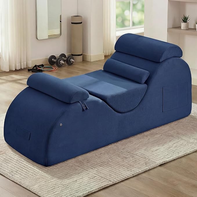 Yoga Chaise Lounge Chair, S-Shaped Floor Sofa with Moveable Headrest, Lumbar Pillow, Support Cushion, Footrest, Non-Slip Base, No-Assembly Lounger for Stretching, Meditation & Relaxation (Blue)