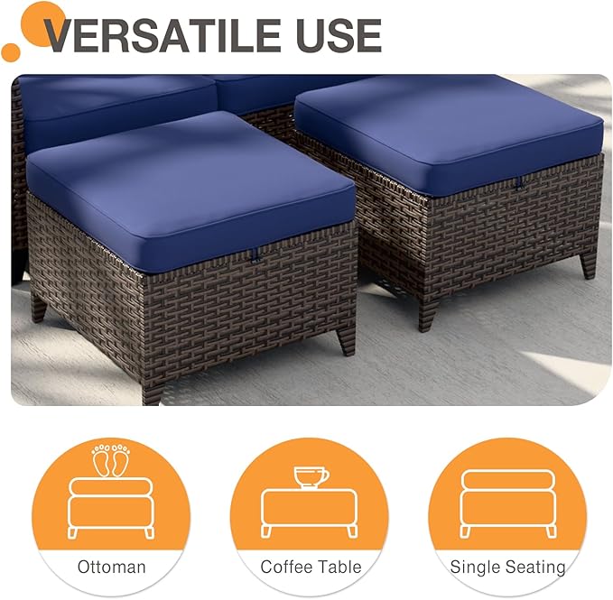 COOS BAY Harbor Retreat 8 Piece Outdoor Furniture Set, Patio Conversation Set with Swivel Rocking Chairs, Patio Chairs, Couch, Side Table and Ottomans, Wicker Furniture, Brown/Blue