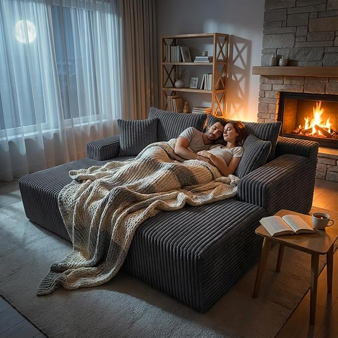 Sytopia Loveseat Chaise Lounge with Armrests, Oversized Sofa Bed with 4 Pillows, Cozy Boneless Sleeper, Modular Sectional Couch for Living Room Bedroom, Floor Chair Furniture sala Corduroy