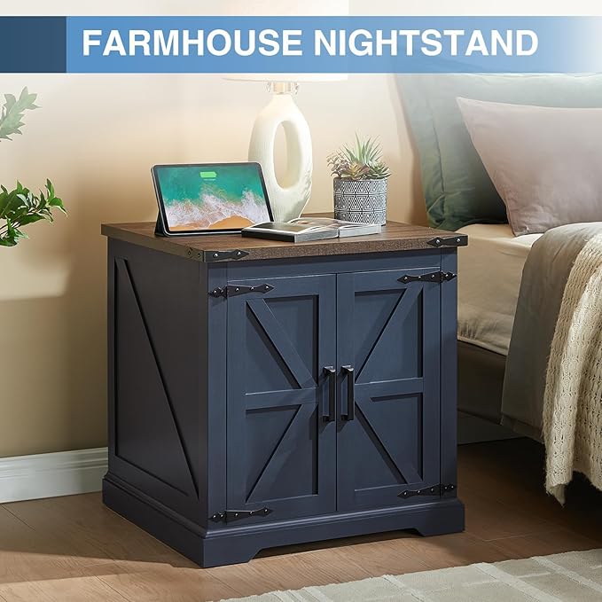 Barnyatoh Farmhouse End Table with Charging Station,24" Large Side Table with Barn Door, Rustic Wood Square Nightstand Bedside Table with Adjustable Storage Shelf for Living Room, Bedroom,Navy Blue