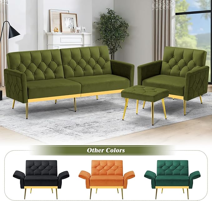 ACMEASE Velvet Accent Chair w/Adjustable Armrests and Backrests, Tufted Single Sofa with Ottoman, Upholstered Reading Chiar for Living Room, Apartment, Bedroom, Olive Green