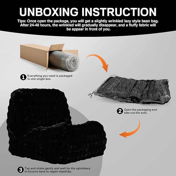 Bean Bag Chair for Adults, Giant Beanbag Lounger with Plush Faux Fur, Comfy Memory Foam Chair Floor Lazy Chair for Living Room Bedroom Dorm Apartment Reading Nook，Black