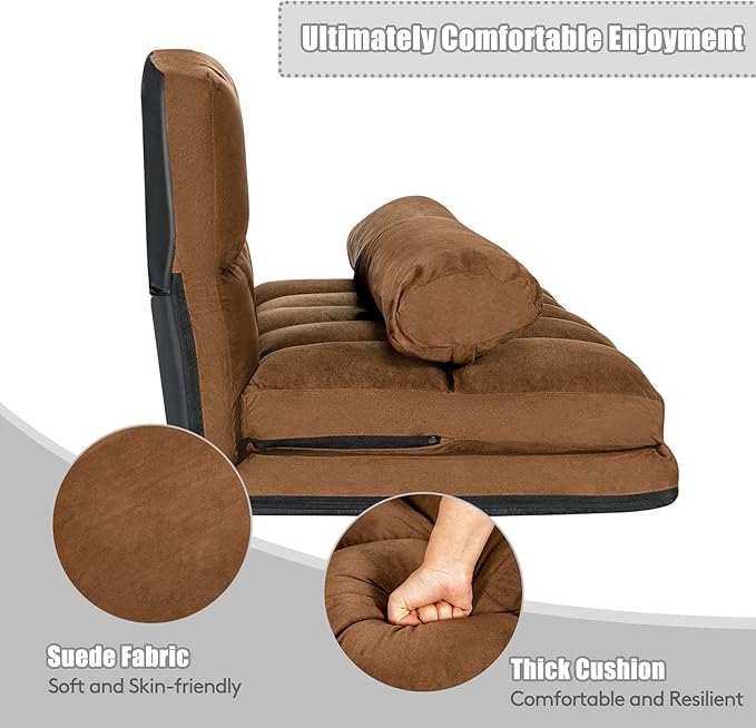 KOMFOTT Adjustable Floor Sofa Bed, Foldable Lazy Sofa Sleeper Bed with 6 Position Backrest & 2 Pillows, Convertible Futon Couch Bed with Suede Cloth Cover, Lounge Recliner for Living Room (Coffee)