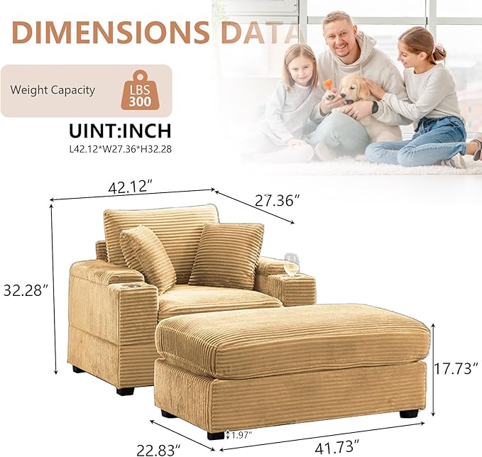 50" Oversized Indoor Chaise Lounge Chair with Ottoman & Storage, Reclining Sleeper Design, Comfy Deep Seat Corduroy Upholstered, Built-in Cup Holder, Ideal for Living Room, Bedroom, Yellow