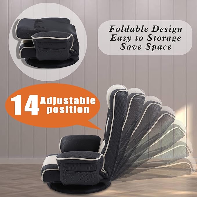 FLOGUOR 360 Swivel Gaming Floor Chair with Armrest Multi-Angle Folding Floor Chair Padded Backrest Lazy Sofa Lounge Chair for Living Room, Home Office QL201W-US-GR