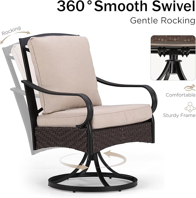 PHI VILLA 7-Piece Outdoor Dining Set, Heavy Duty Patio Table and Chairs Set with Umbrella Hole for 6, 64" Rectangular Patio Woodgrain Metal Table & Wicker Metal Chairs with Cushions, 2 Swivel