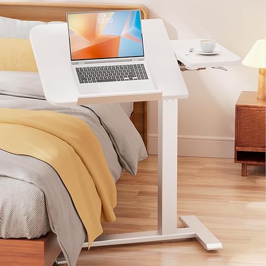 GTRACING Overbed Bedside Table with Wheels,Tiltable Hospital Bed Table Over The Bed, Pneumatic Adjustable Rolling Laptop Desk, Mobile Standing Desk for Hospital and Home Use (White)