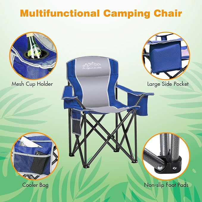 SAILARY Folding Camping Chair Portable Outdoor Heavy Duty Padded Chairs Lawn Chair with Cup Holder, Storage Pocket and Cooler Bag, Supports 450LBS Blue