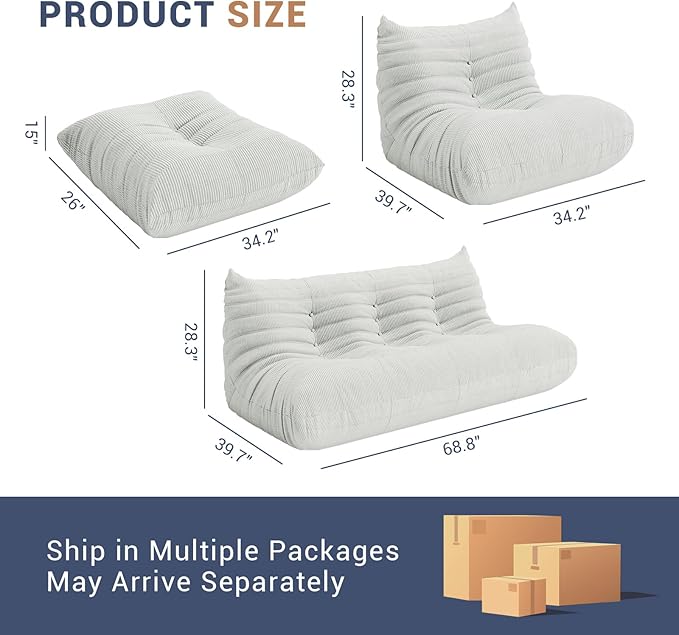 Fireside Chair Corner Bean Bag Chair for Adults, Modern Corduroy Fabric Caterpillar Sofa Couch, Lazy Floor Sofa Armless Foam Couch Lounger Tatami Recliner for Living Room Bedroom Dorm Office