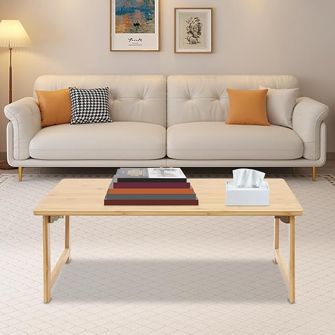 Eapmic Japanese Floor Table, Foldable Coffee Table, Low Sitting Dining Table, Tatami Tea Desk, Portable No Assembly Floor Desk for Living Room Bedroom Apartment Office Study (Burlywood)