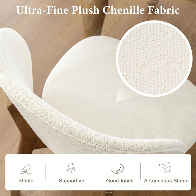 YOUNUOKE Boucle Dining Chairs Set of 6, Mid Century Modern Chenille Dining Room Chair with Soild Wood Legs, Upholstered Widen Backrest Comfy Armless Side Kitchen Chairs, Beige