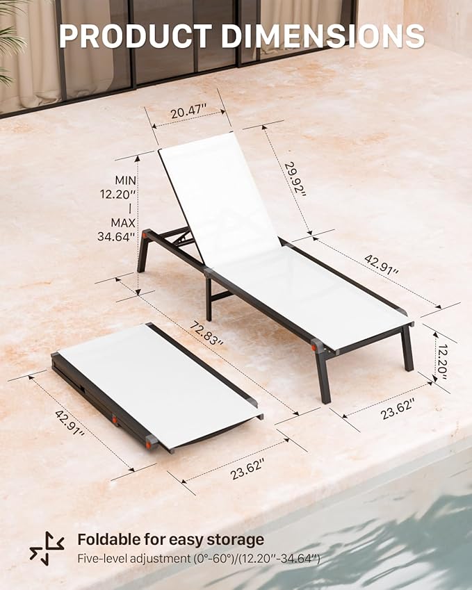 WOAJNQO Aluminum Patio Chaise Lounge Chair Set of 2 with Side Table,5-Position Adjustable Backrest,Foldable Lounge Chair Outdoor,Pool Lounge Chairs for Poolside,Lawn,Deck,Beach (White, 2 Pack+Table)