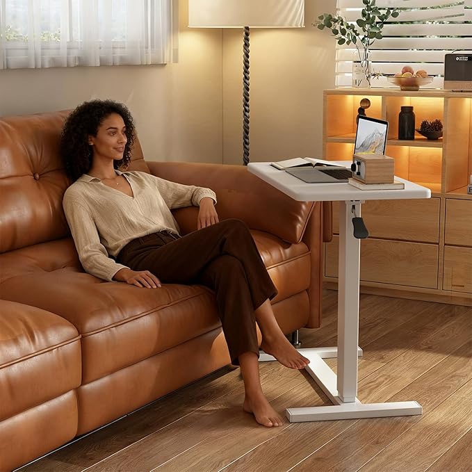 Overbed Bedside Table with Wheels Adjustable Hospital & Home Use Bed Table Rolling Movable Laptop Mobile Standing Desk Pneumatic Computer Cart Waterproof L-Shaped Steel Base Tray Tables,White
