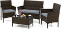 HAPPYGRILL 4 Pieces Outdoor Rattan Conversation Set, Patio Wicker Furniture Set with Loveseat Chairs & Tempered Glass Coffee Table, Outside Sectional Sofa Set for Backyard Garden Poolside