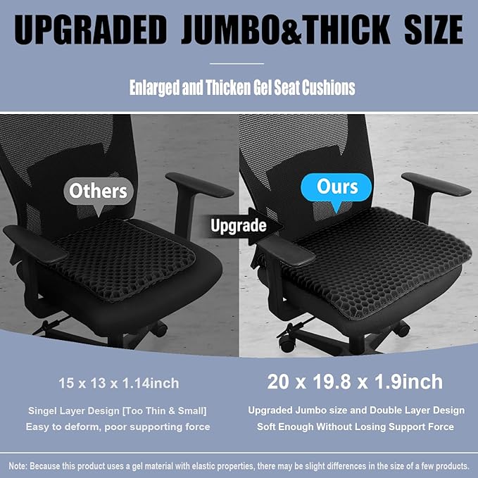 Helishy 20" Gel Seat Cushion for Long Sitting(Jumbo&Thick) – Office Chair Cushion – Wheelchair Cushions for Pressure Sores – Non-Slip Desk Chair Car Seat Cushion Driving – Sciatica & Back Pain Relief