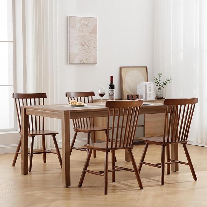 LZAREAL Farmhouse Dining Chairs Set of 8 Wooden Kitchen Chairs Mid Century Modern Spindle Chair French Country Windsor Dining Chairs for Dinning Room Kitchen Restaurant Bar Canteen Library, Walnut