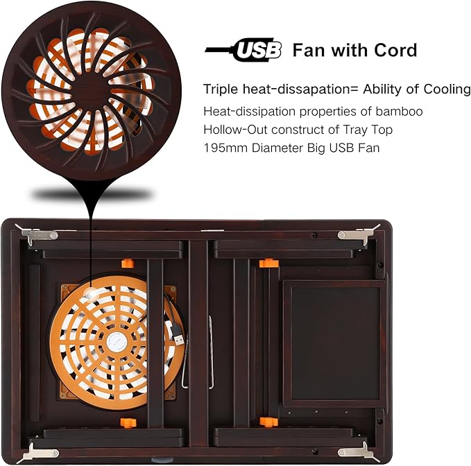 Laptop Desk for Bed with Fan Nnewvante 7 Angles & 4 Heights Adjustable Bamboo Laptop Table Foldable Lap Desk with Drawer and Phone Slot for Bed Floor Sofa, Black Walnut
