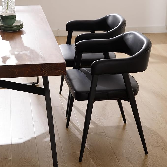 Wahson Black Leather Dining Chairs Set of 4 with Black Metal Legs, Mid Century Modern Kitchen Chairs with Curved Backrest, Accent Low Back Armset Chairs for Dining Room/Kitchen/Bar