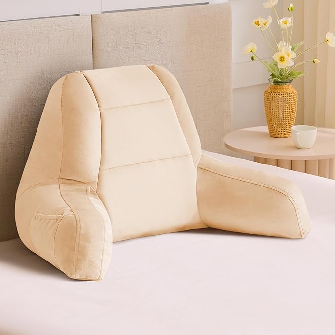 IASEAHK Reading Pillows for Sitting in Bed Adult, Back Pillow for Bed Sitting Up, Backrest Pillows with Shredded Foam for Adult&Teens, Support Pillow with Arms for Beds, Couch, Floor, 18in, Beige