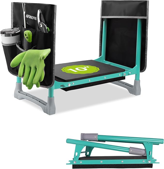 WORKPRO Garden Kneeler and Seat, 10" Wider Heavy Duty Foldable Gardener Stool with 2 Tool Bag Pouchs, NBR & EVA Foam Pad, Outdoor Portable Kneeler Bench for Gardening