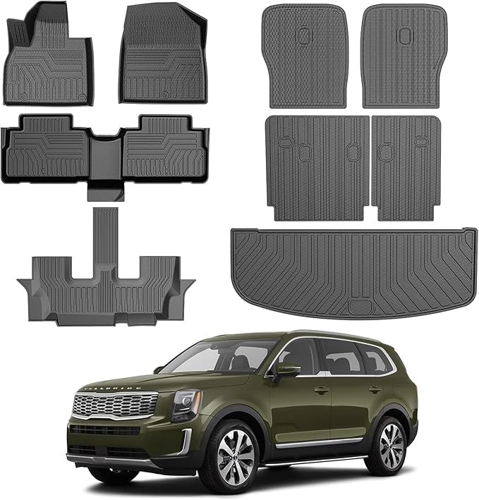 Mixsuper Floor Mats & Cargo Liner for Kia Telluride 2020-2025 7&8 Seats,All Weather TPE Floor Liner Trunk Cargo mat with Backrest Protectors,Full Set Car Mats for Telluride Accessories,Black